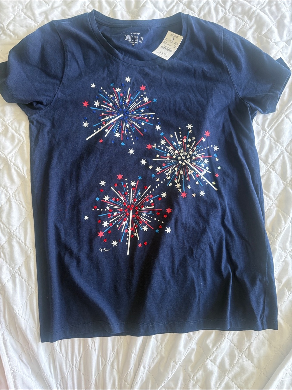 J. Crew Navy Short Sleeve Tee with Red, White & Blue Firework Print